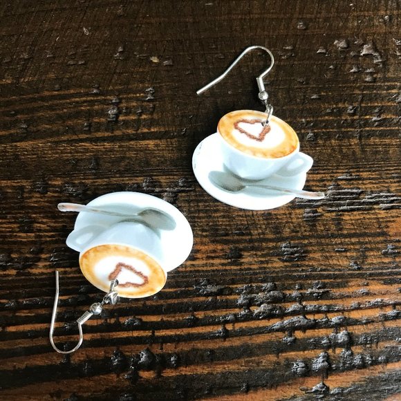 Dangle Heart Latte Cappuccino Coffee Cup Saucer Earrings NEW! 765 - Picture 5 of 7